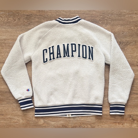 CHAMPION Jacket SHERPA FLEECE BOMBER Logo Patches Script Relaxed Lined Sz Small - Picture 9 of 9